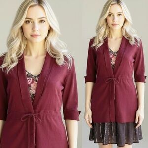 Neiman Marcus Cashmere Women's Drawstring Waist Burgundy Red Cardigan Small